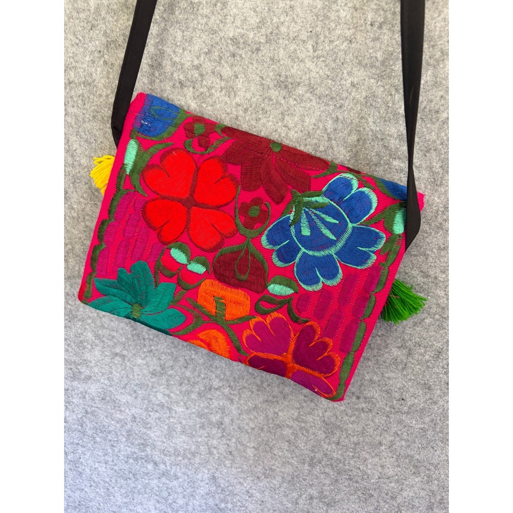 Mexican Floral Embroidered Crossbody Bag Pink Boho Tassel Festival Handbag - Picture 9 of 9